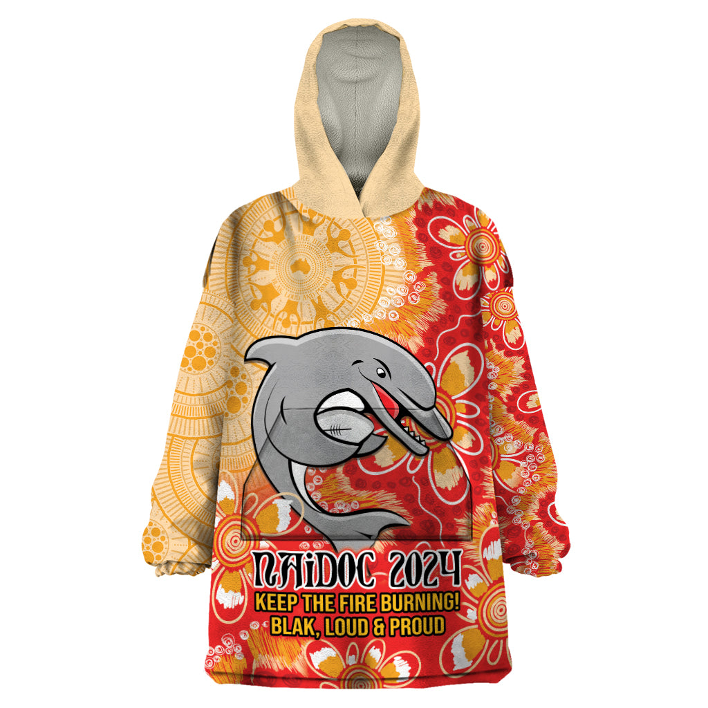 Personalised Dolphins NAIDOC Week 2024 Wearable Blanket Hoodie Aboriginal Fire Burning Sparks - Vibe Hoodie Shop