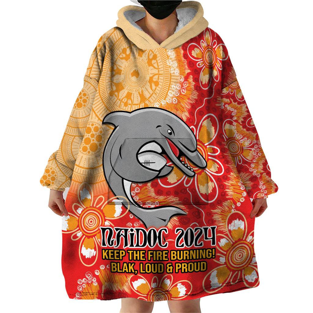 Personalised Dolphins NAIDOC Week 2024 Wearable Blanket Hoodie Aboriginal Fire Burning Sparks - Vibe Hoodie Shop