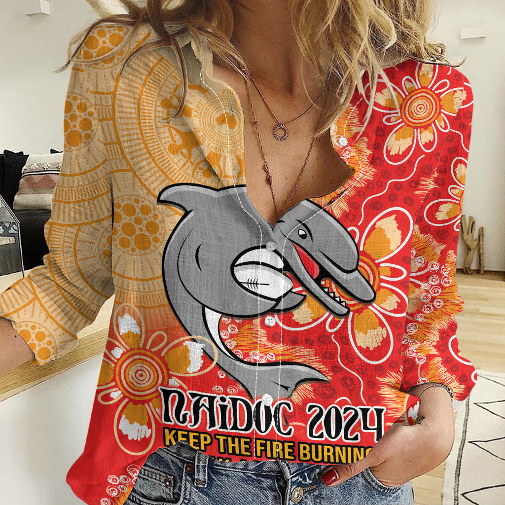 Personalised Dolphins NAIDOC Week 2024 Women Casual Shirt Aboriginal Fire Burning Sparks - Vibe Hoodie Shop