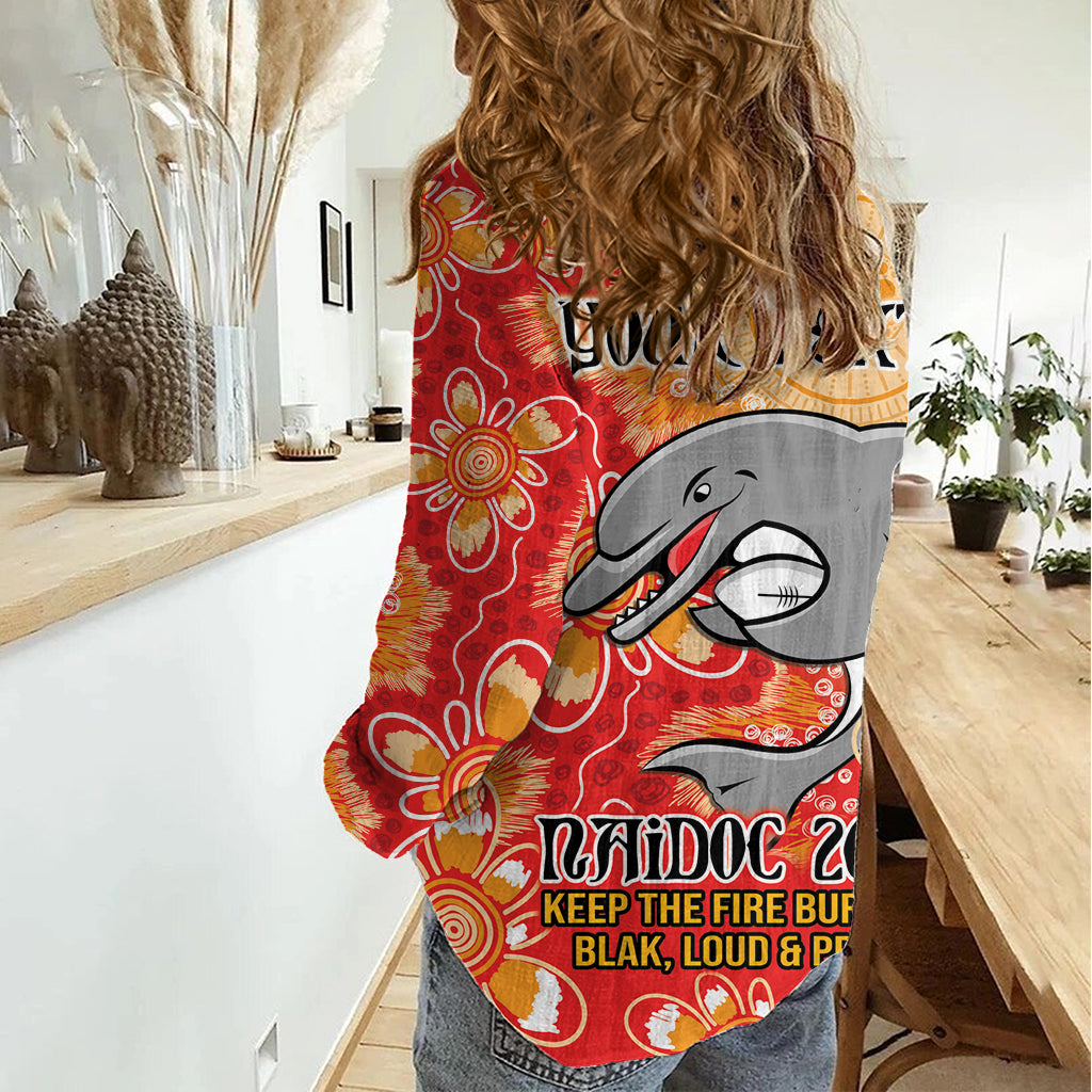 Personalised Dolphins NAIDOC Week 2024 Women Casual Shirt Aboriginal Fire Burning Sparks - Vibe Hoodie Shop