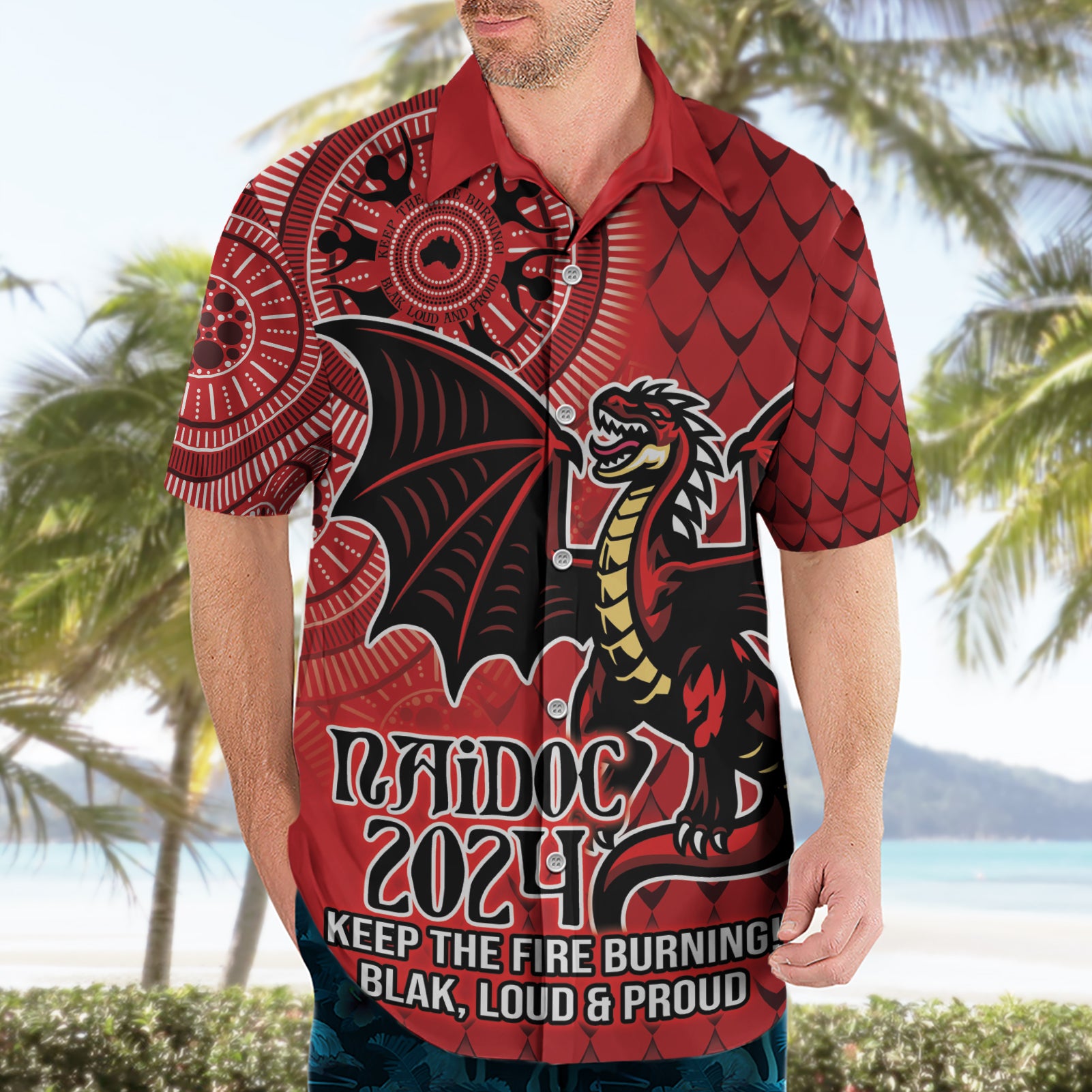 Personalised Dragons NAIDOC Week 2024 Hawaiian Shirt Aboriginal Fire Burning Sparks - Vibe Hoodie Shop