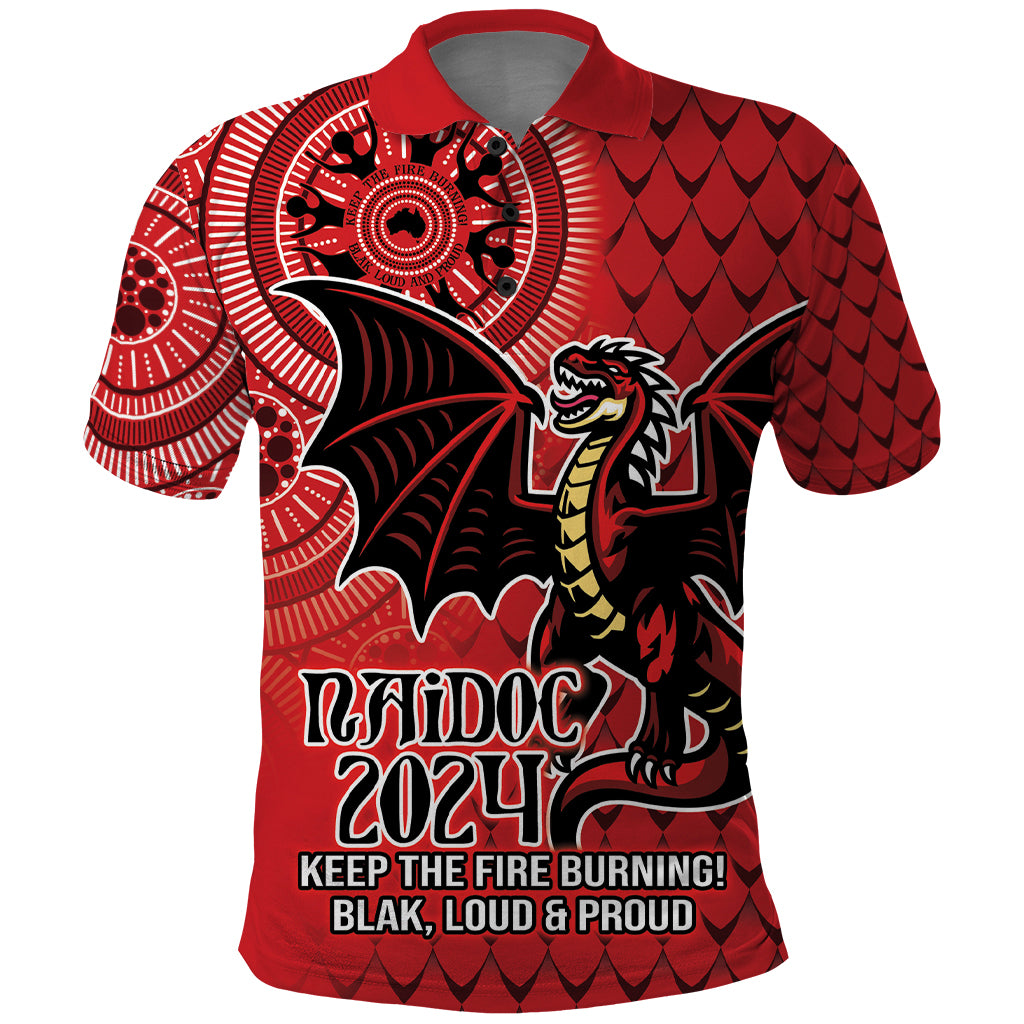 Personalised Dragons NAIDOC Week 2024 Polo Shirt Aboriginal Fire Burning Sparks LT9 - Vibe Hoodie Shop