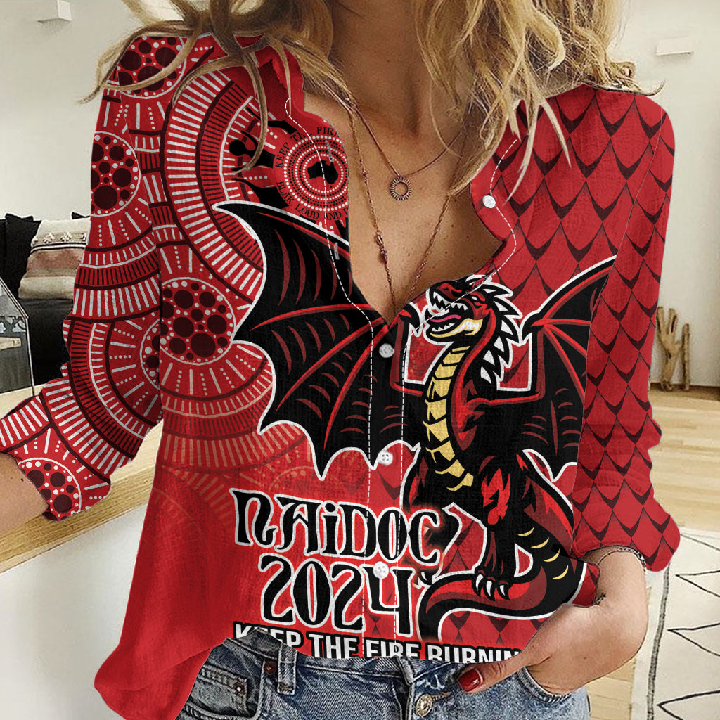 Personalised Dragons NAIDOC Week 2024 Women Casual Shirt Aboriginal Fire Burning Sparks - Vibe Hoodie Shop