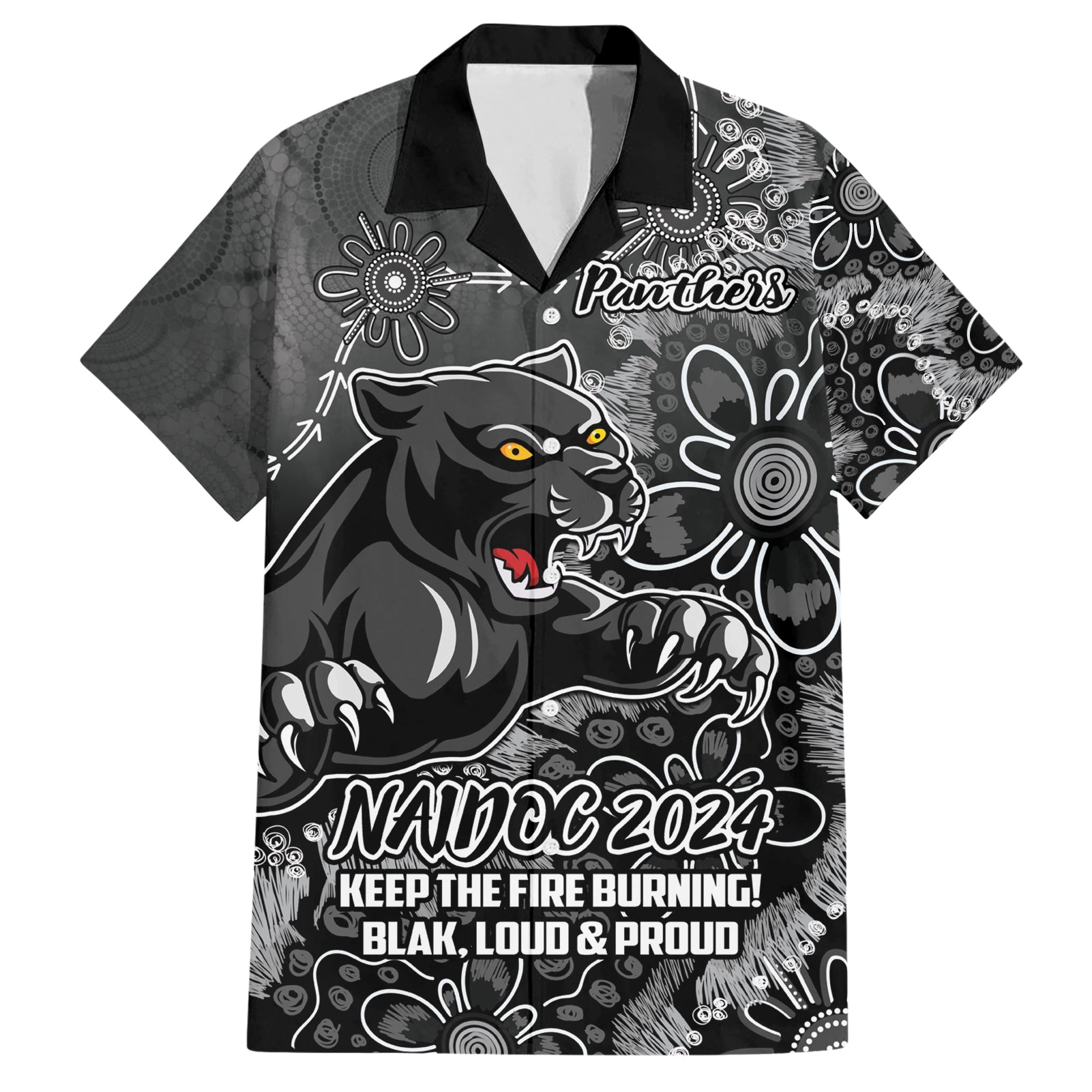 Personalised Panthers NAIDOC Week 2024 Hawaiian Shirt Aboriginal Fire Burning Sparks - Vibe Hoodie Shop