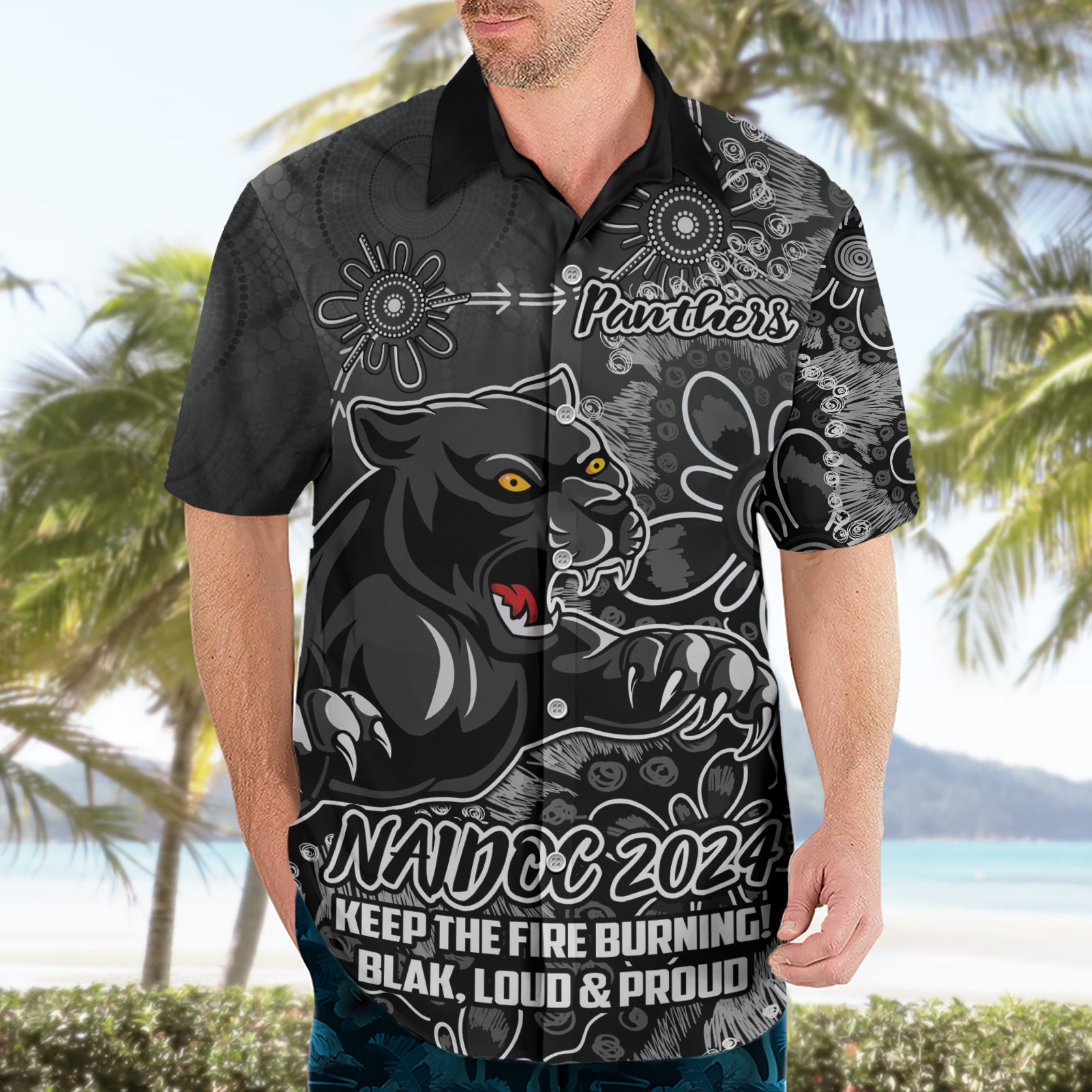 Personalised Panthers NAIDOC Week 2024 Hawaiian Shirt Aboriginal Fire Burning Sparks - Vibe Hoodie Shop