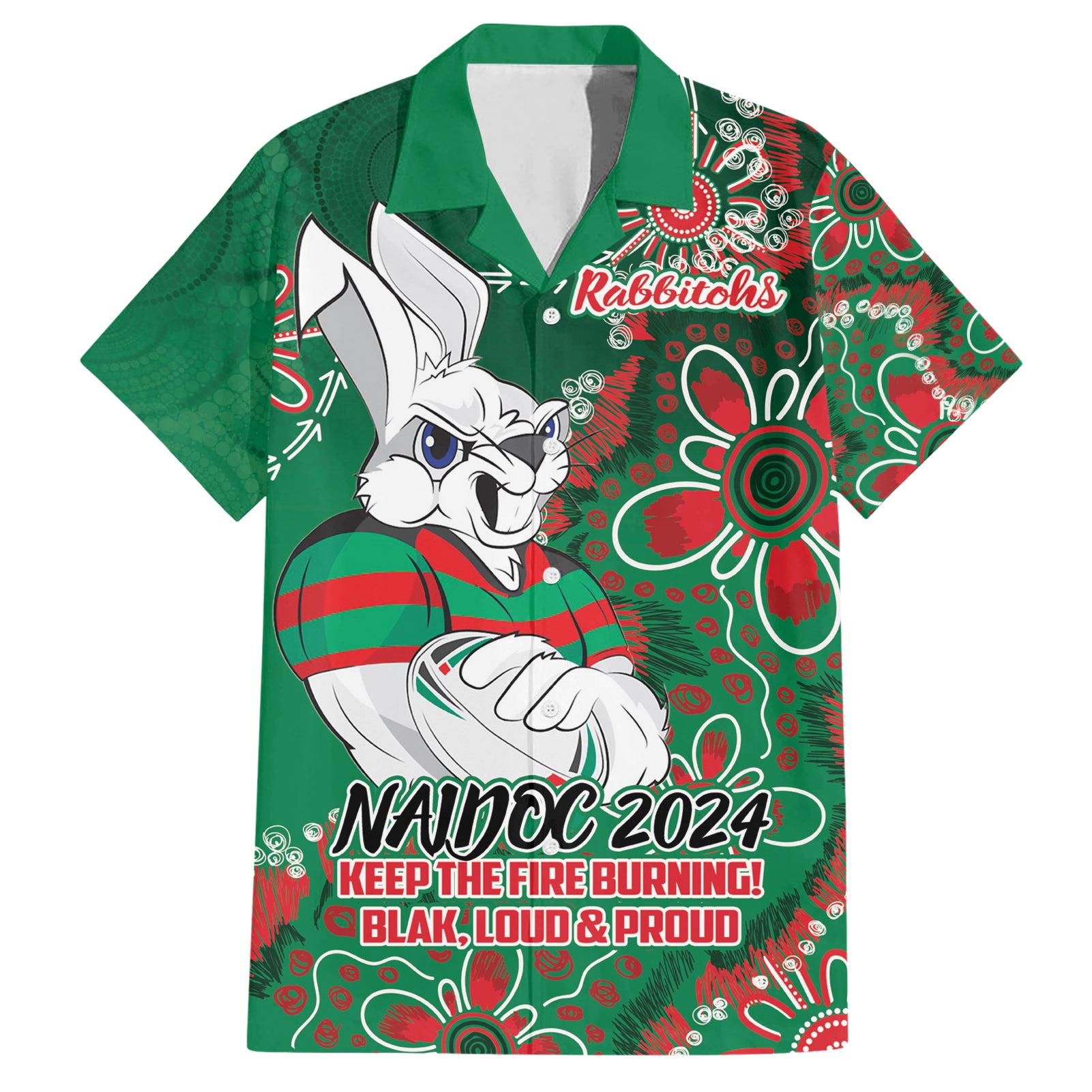 Personalised Rabbitohs NAIDOC Week 2024 Hawaiian Shirt Aboriginal Fire Burning Sparks - Vibe Hoodie Shop