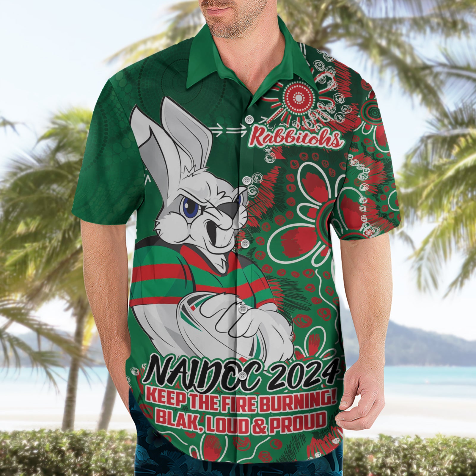 Personalised Rabbitohs NAIDOC Week 2024 Hawaiian Shirt Aboriginal Fire Burning Sparks - Vibe Hoodie Shop