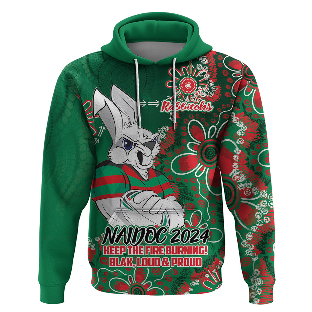 Personalised Rabbitohs NAIDOC Week 2024 Hoodie Aboriginal Fire Burning Sparks LT9 - Vibe Hoodie Shop