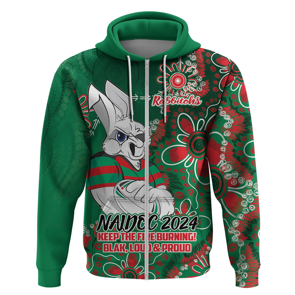 Personalised Rabbitohs NAIDOC Week 2024 Hoodie Aboriginal Fire Burning Sparks LT9 - Vibe Hoodie Shop