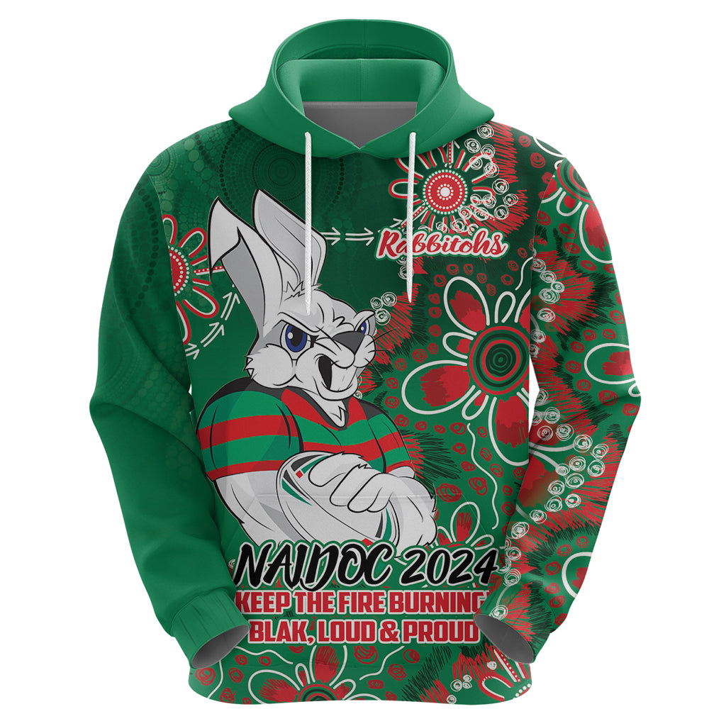 Personalised Rabbitohs NAIDOC Week 2024 Hoodie Aboriginal Fire Burning Sparks LT9 - Vibe Hoodie Shop