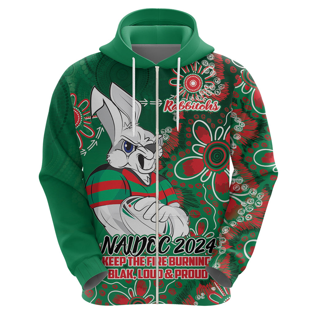 Personalised Rabbitohs NAIDOC Week 2024 Hoodie Aboriginal Fire Burning Sparks LT9 - Vibe Hoodie Shop