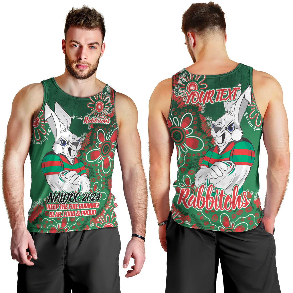 Personalised Rabbitohs NAIDOC Week 2024 Men Tank Top Aboriginal Fire Burning Sparks - Vibe Hoodie Shop
