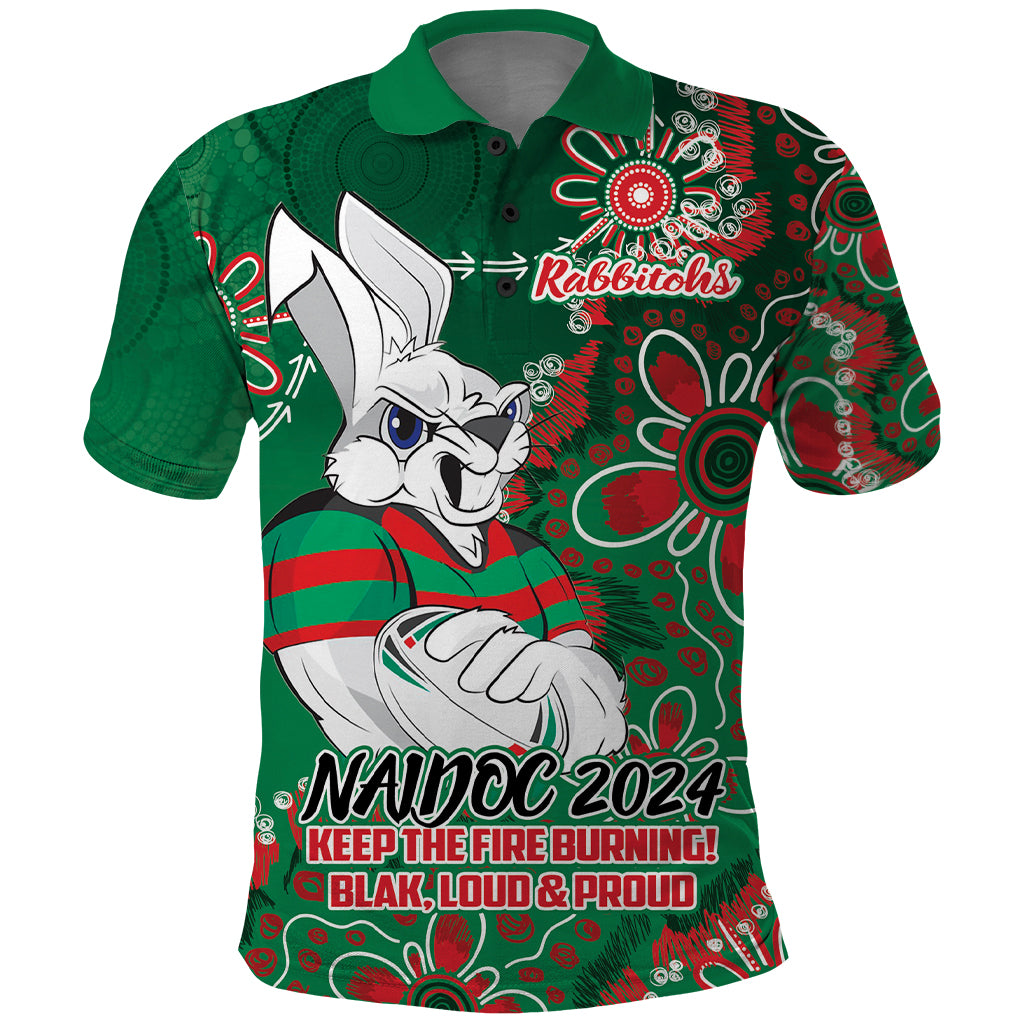 Personalised Rabbitohs NAIDOC Week 2024 Polo Shirt Aboriginal Fire Burning Sparks LT9 - Vibe Hoodie Shop