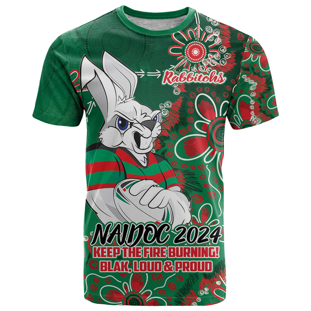 Personalised Rabbitohs NAIDOC Week 2024 T Shirt Aboriginal Fire Burning Sparks LT9 - Vibe Hoodie Shop