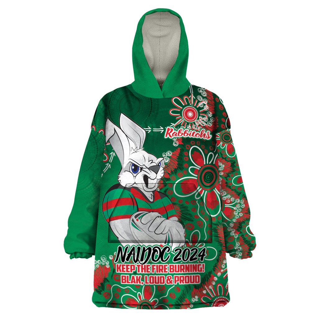 Personalised Rabbitohs NAIDOC Week 2024 Wearable Blanket Hoodie Aboriginal Fire Burning Sparks - Vibe Hoodie Shop