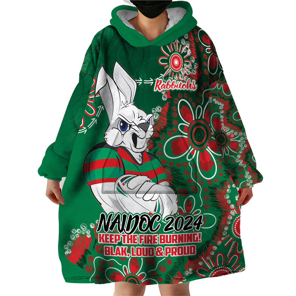 Personalised Rabbitohs NAIDOC Week 2024 Wearable Blanket Hoodie Aboriginal Fire Burning Sparks - Vibe Hoodie Shop