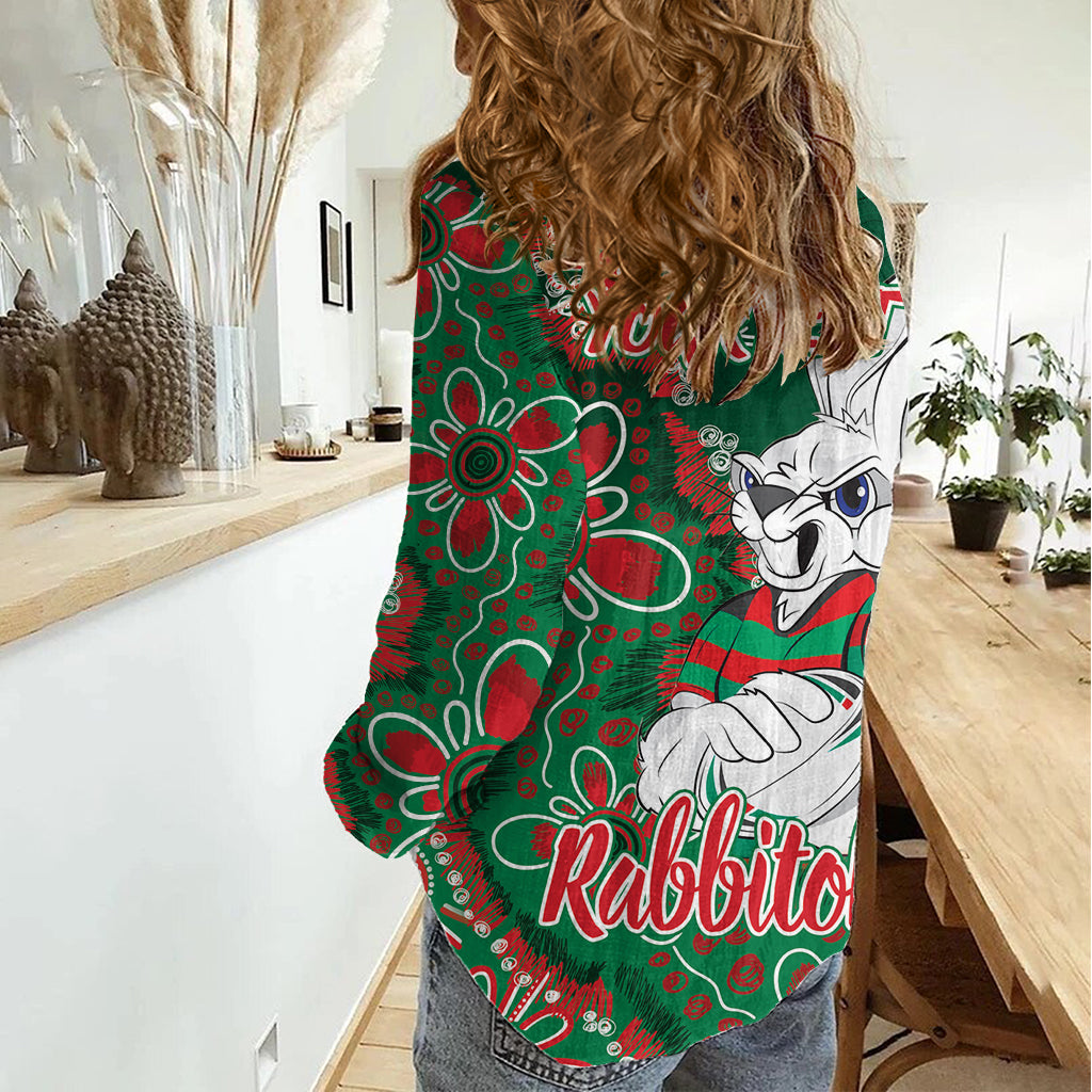Personalised Rabbitohs NAIDOC Week 2024 Women Casual Shirt Aboriginal Fire Burning Sparks - Vibe Hoodie Shop