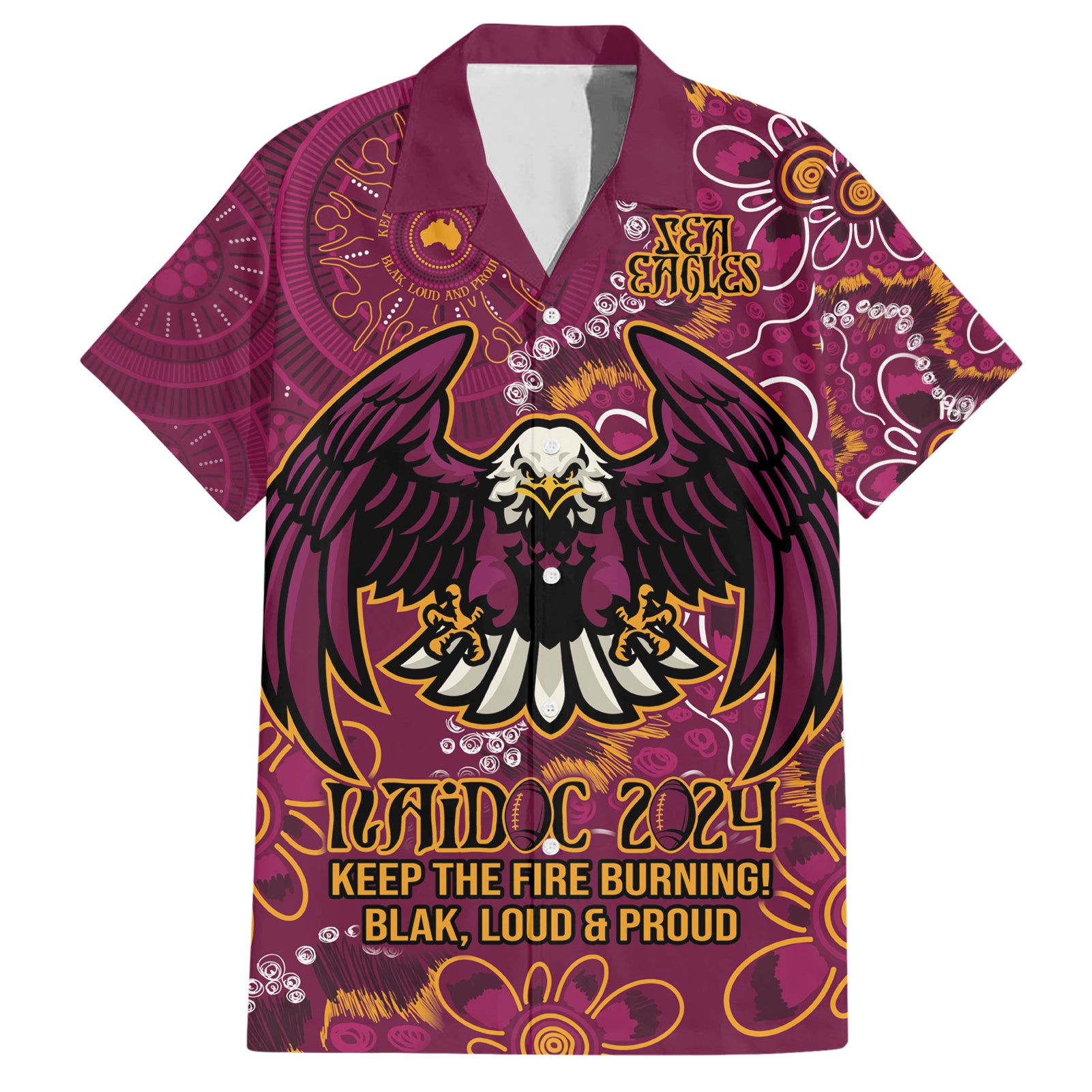 Personalised Sea Eagles NAIDOC Week 2024 Hawaiian Shirt Aboriginal Fire Burning Sparks - Vibe Hoodie Shop