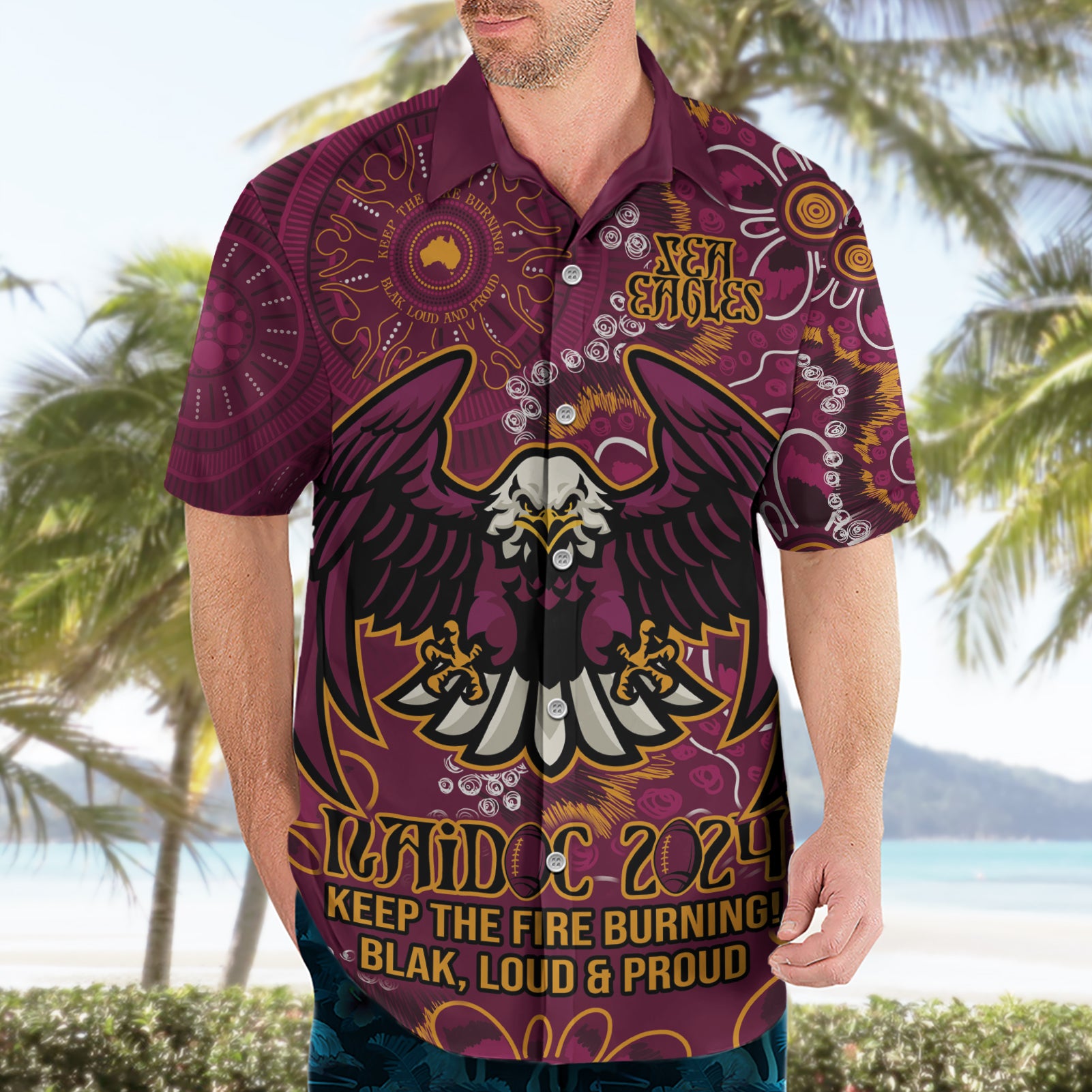 Personalised Sea Eagles NAIDOC Week 2024 Hawaiian Shirt Aboriginal Fire Burning Sparks - Vibe Hoodie Shop