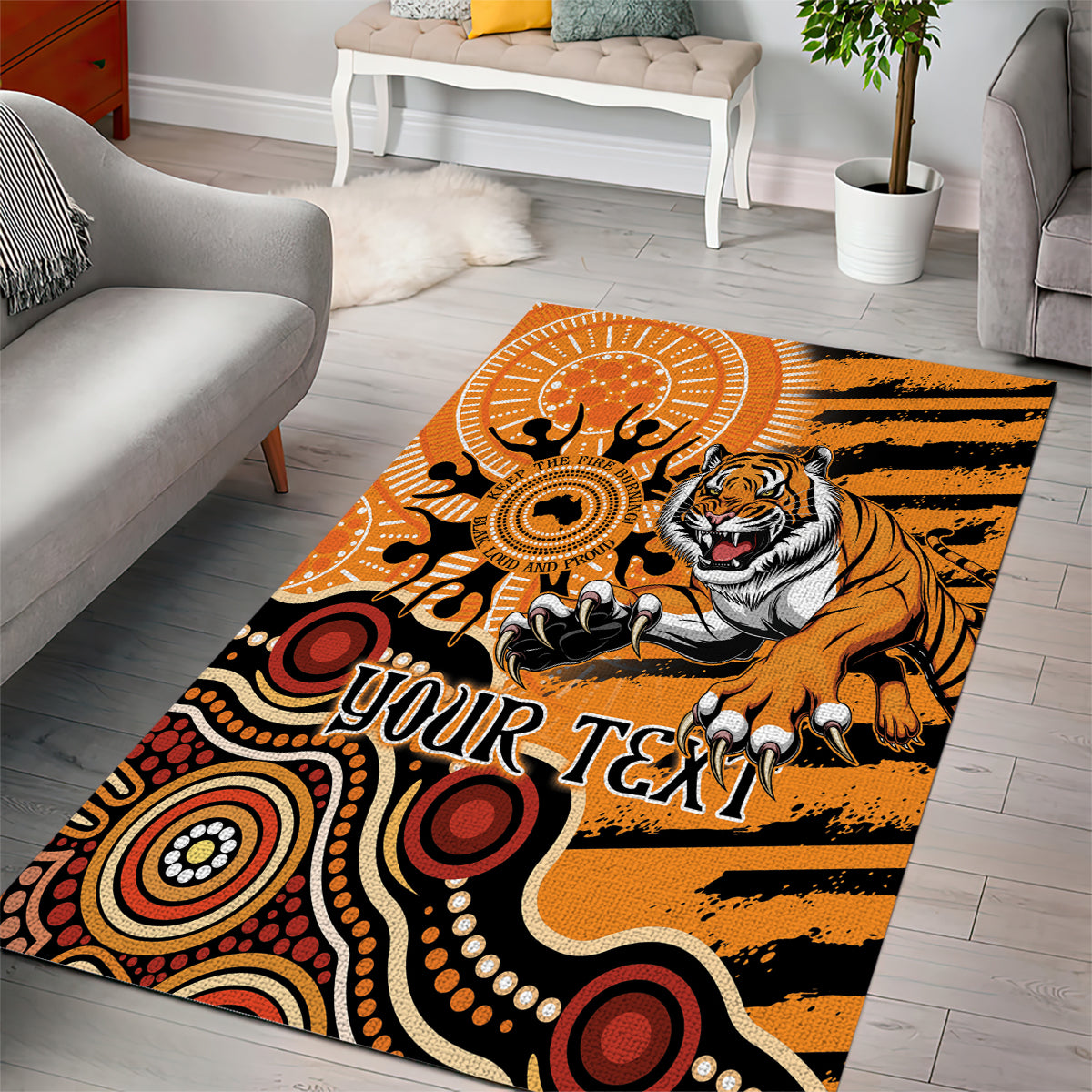 Personalised Wests Tigers NAIDOC Week 2024 Area Rug Aboriginal Fire Burning Sparks - Vibe Hoodie Shop