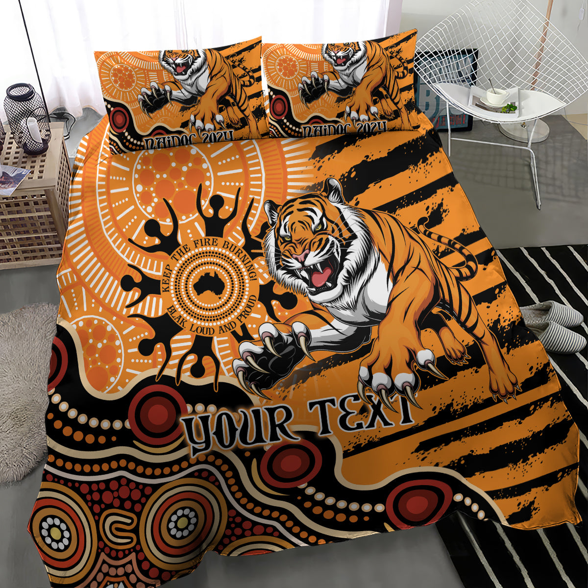 Personalised Wests Tigers NAIDOC Week 2024 Bedding Set Aboriginal Fire Burning Sparks - Vibe Hoodie Shop