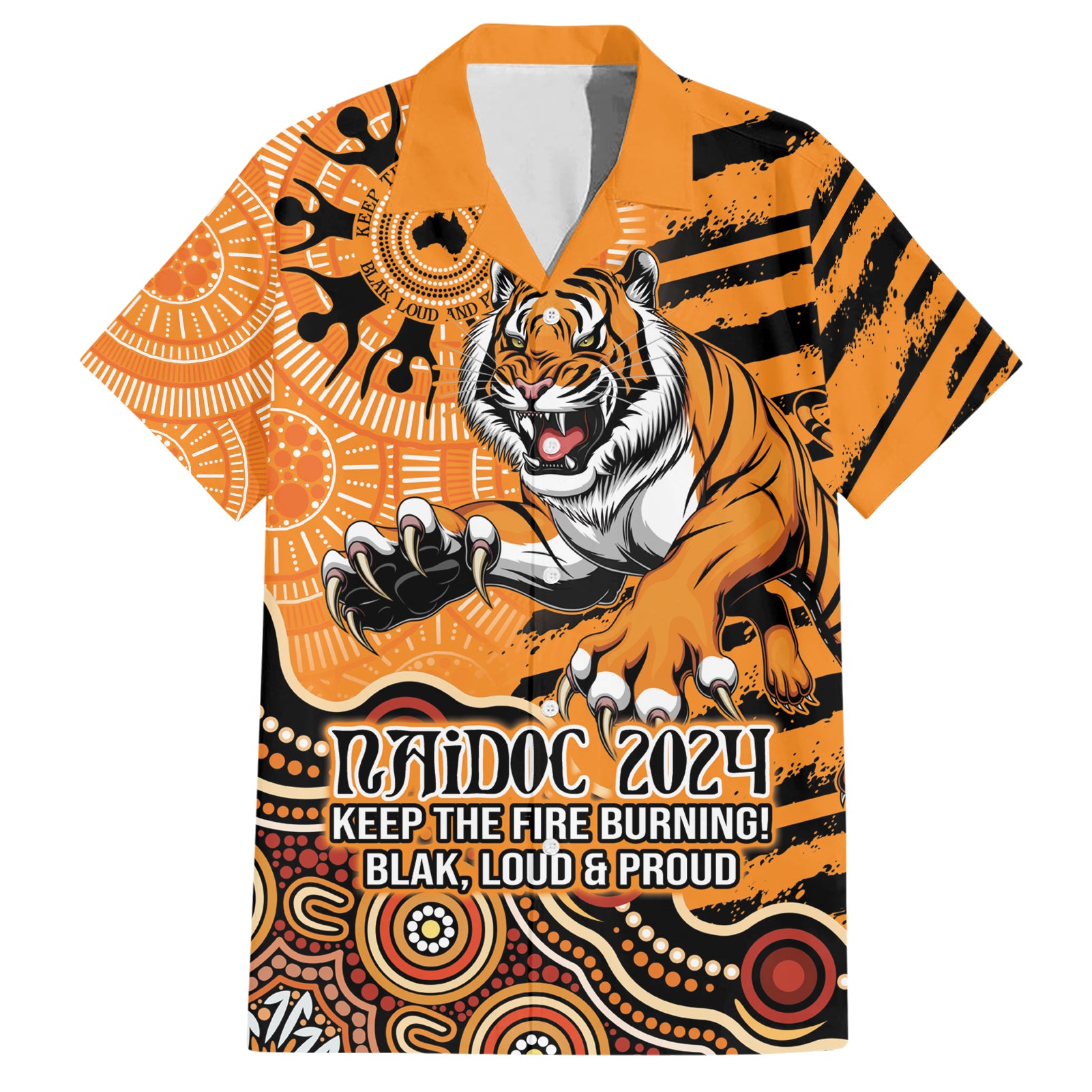 Personalised Wests Tigers NAIDOC Week 2024 Hawaiian Shirt Aboriginal Fire Burning Sparks - Vibe Hoodie Shop