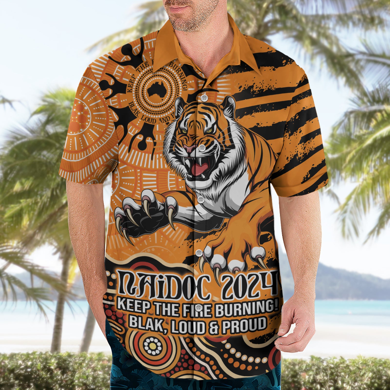 Personalised Wests Tigers NAIDOC Week 2024 Hawaiian Shirt Aboriginal Fire Burning Sparks - Vibe Hoodie Shop