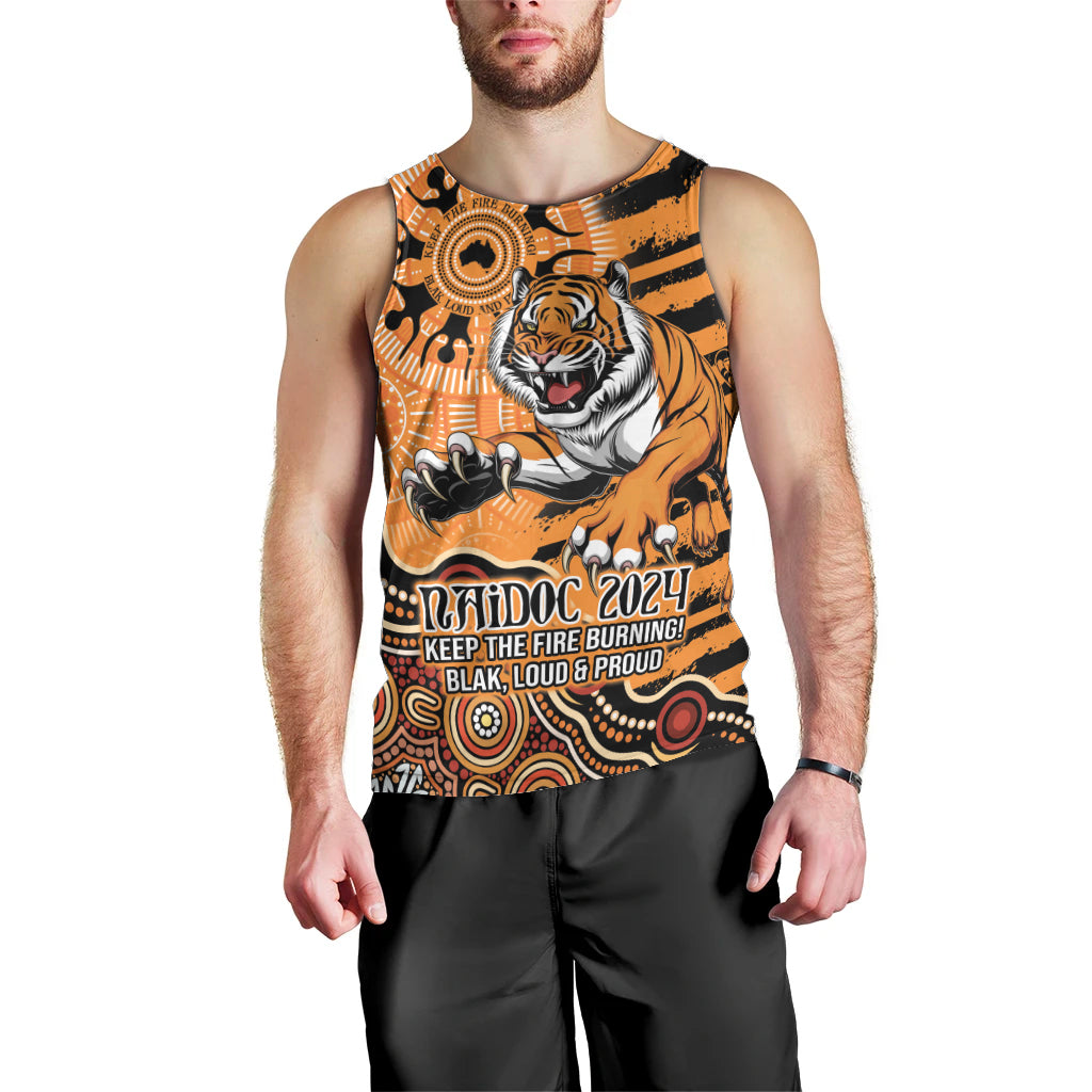 Personalised Wests Tigers NAIDOC Week 2024 Men Tank Top Aboriginal Fire Burning Sparks - Vibe Hoodie Shop