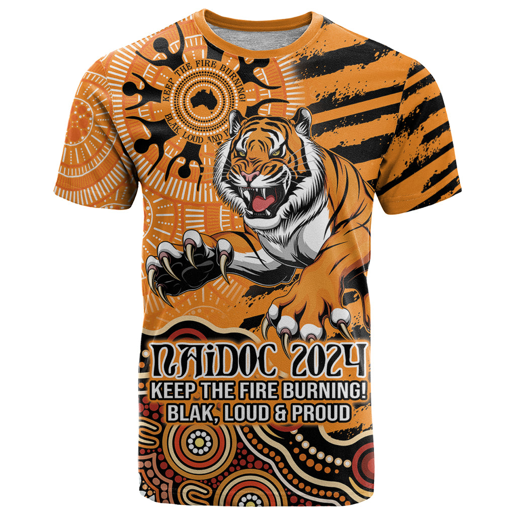 Personalised Wests Tigers NAIDOC Week 2024 T Shirt Aboriginal Fire Burning Sparks LT9 - Vibe Hoodie Shop