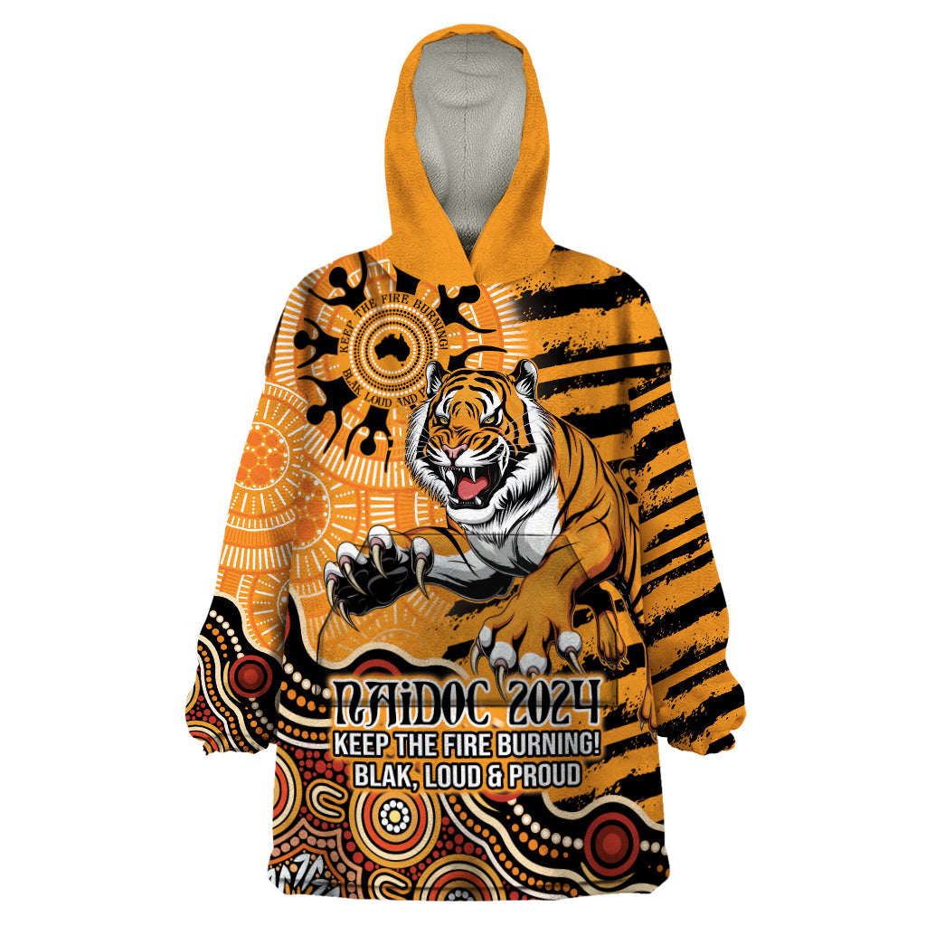 Personalised Wests Tigers NAIDOC Week 2024 Wearable Blanket Hoodie Aboriginal Fire Burning Sparks - Vibe Hoodie Shop