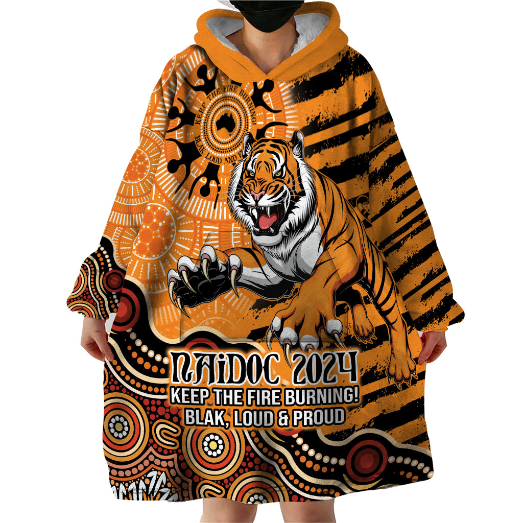 Personalised Wests Tigers NAIDOC Week 2024 Wearable Blanket Hoodie Aboriginal Fire Burning Sparks - Vibe Hoodie Shop