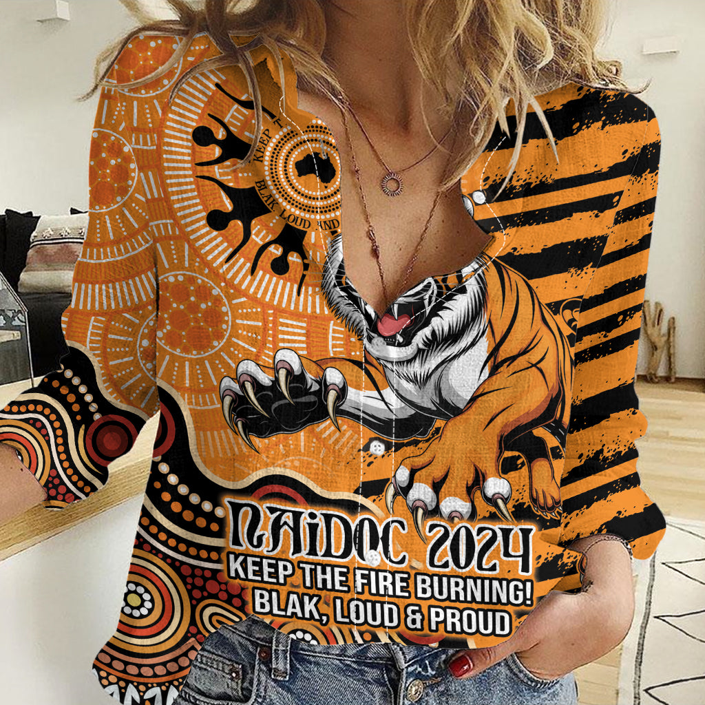 Personalised Wests Tigers NAIDOC Week 2024 Women Casual Shirt Aboriginal Fire Burning Sparks - Vibe Hoodie Shop