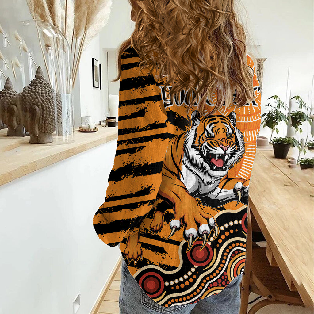 Personalised Wests Tigers NAIDOC Week 2024 Women Casual Shirt Aboriginal Fire Burning Sparks - Vibe Hoodie Shop