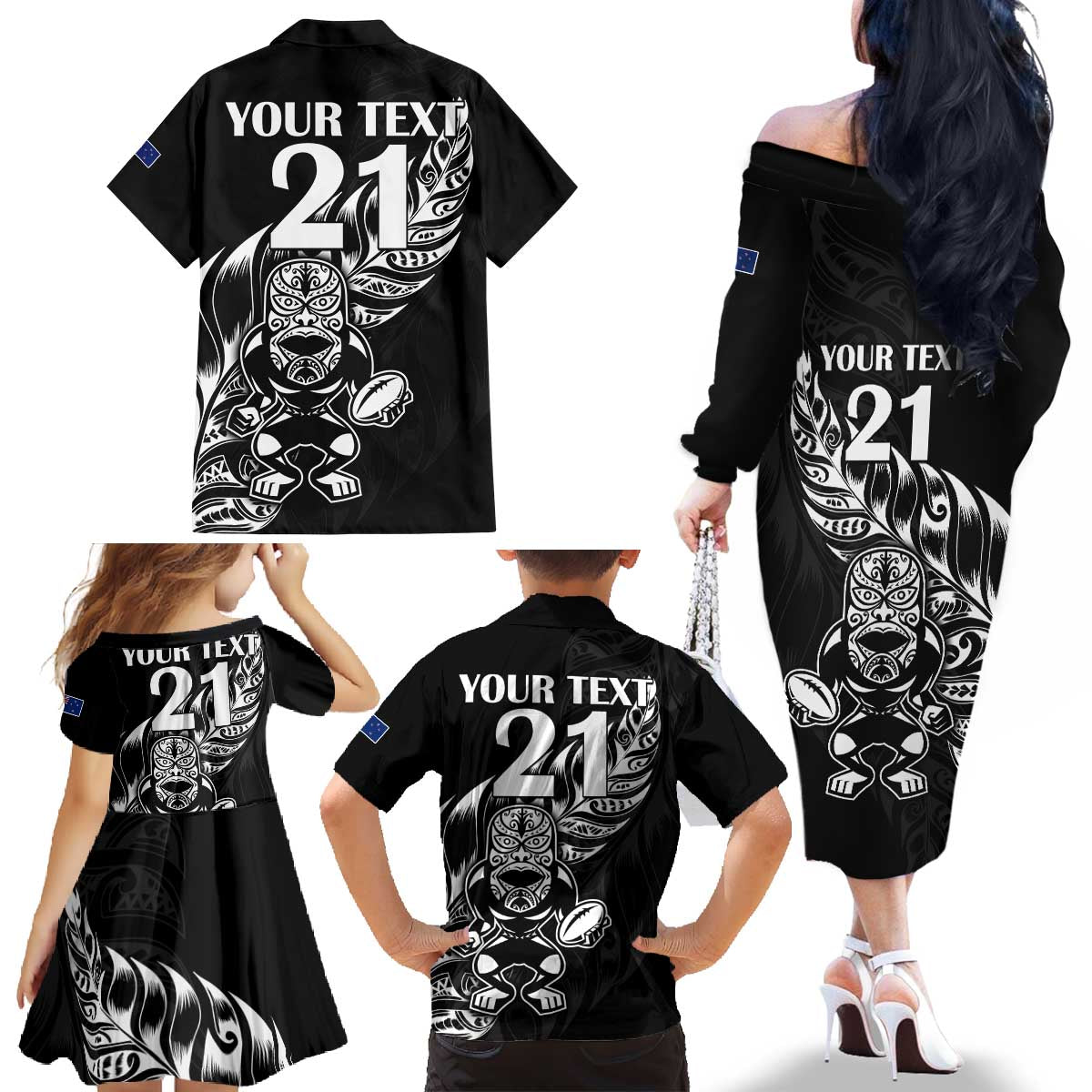 New Zealand Rugby Custom Family Matching Off The Shoulder Long Sleeve Dress and Hawaiian Shirt Opango All Black Fern