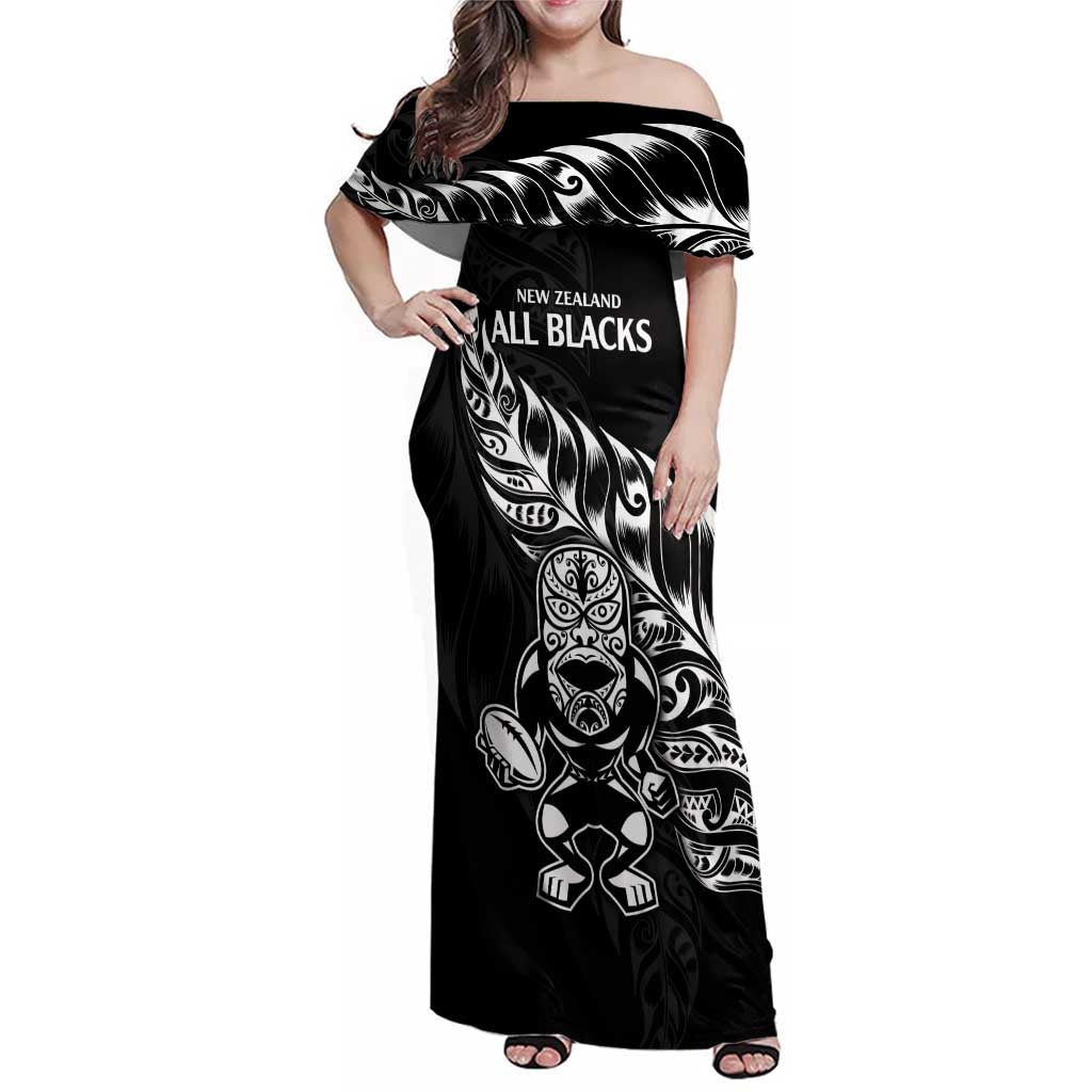 New Zealand Rugby Custom Family Matching Off Shoulder Maxi Dress and Hawaiian Shirt Opango All Black Fern