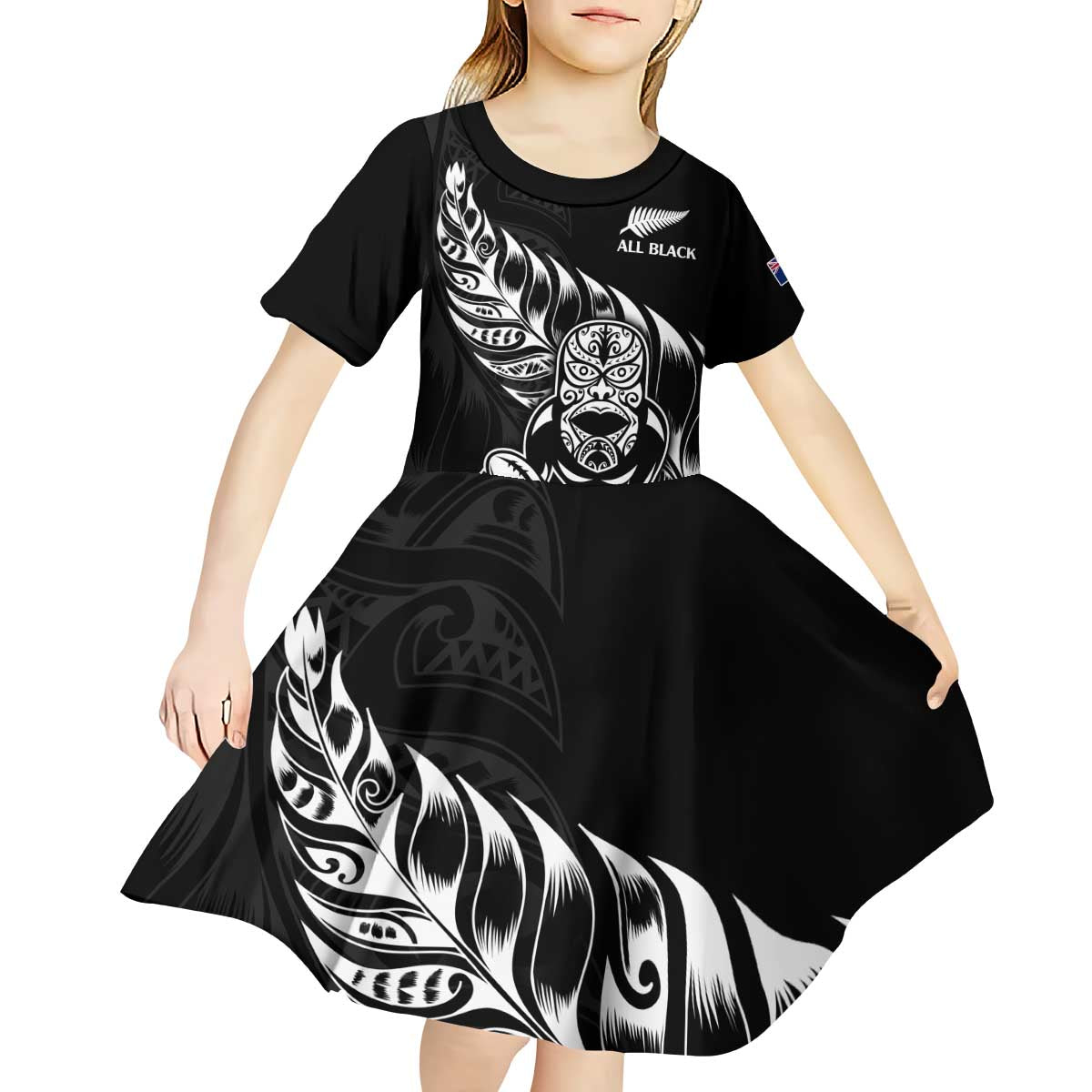 New Zealand Rugby Custom Kid Short Sleeve Dress Opango All Black Fern - Vibe Hoodie Shop