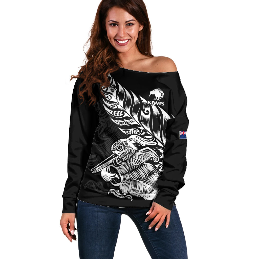 (Custom Text And Number) New Zealand Kiwi Rugby Off Shoulder Sweater - Vibe Hoodie Shop