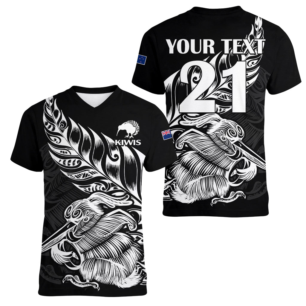 (Custom Text And Number) New Zealand Kiwi Rugby Women V Neck T Shirt - Vibe Hoodie Shop