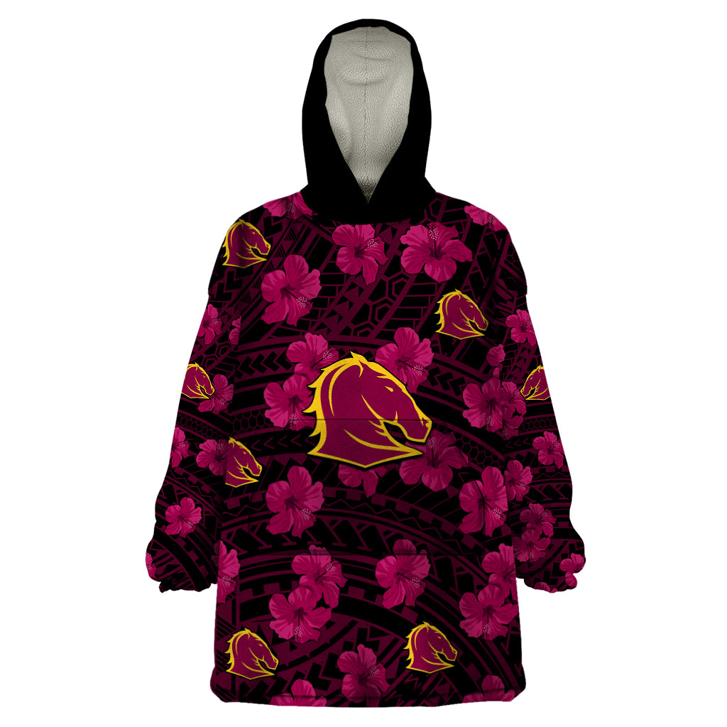 Broncos Rugby Wearable Blanket Hoodie Polynesian Style With Hibiscus - Vibe Hoodie Shop