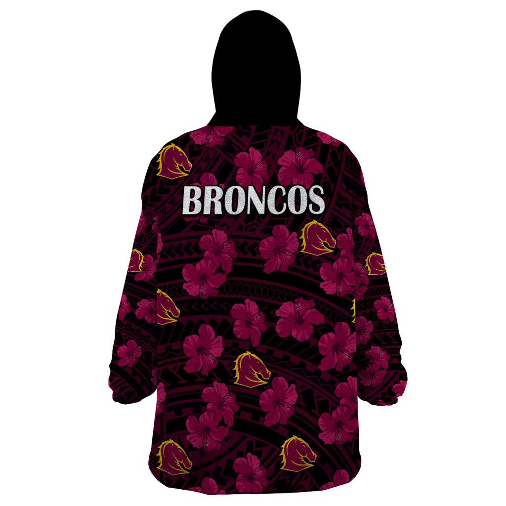 Broncos Rugby Wearable Blanket Hoodie Polynesian Style With Hibiscus - Vibe Hoodie Shop