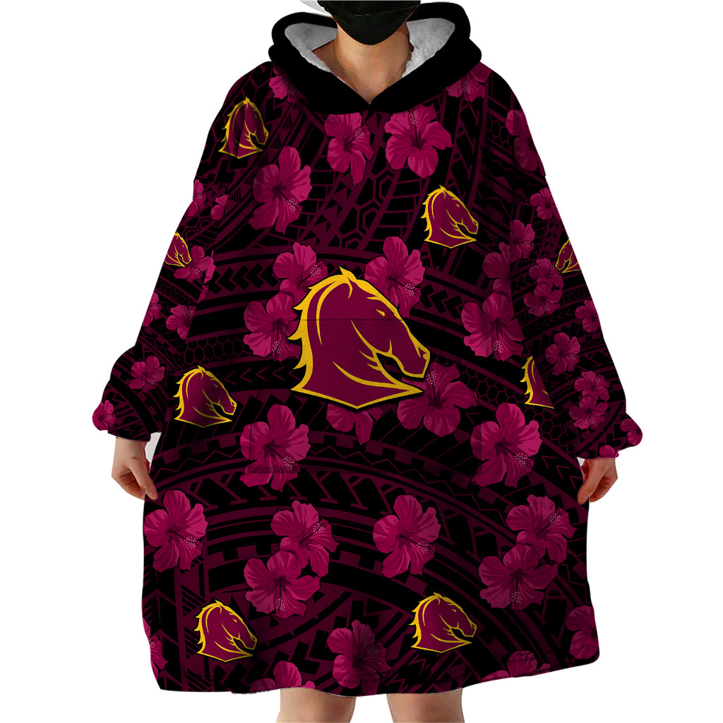 Broncos Rugby Wearable Blanket Hoodie Polynesian Style With Hibiscus - Vibe Hoodie Shop