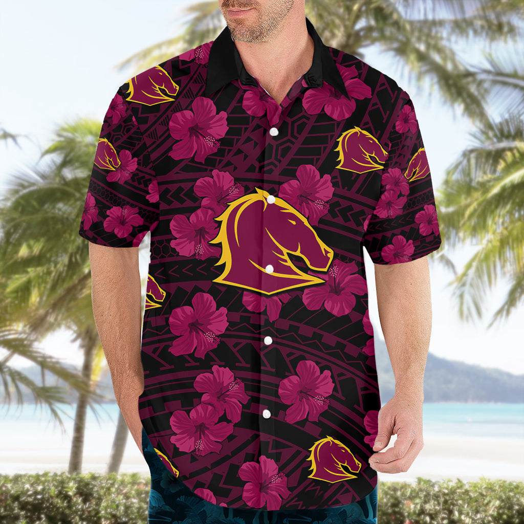 (Custom Text And Number) Broncos Rugby Hawaiian Shirt Polynesian Style With Hibiscus - Vibe Hoodie Shop