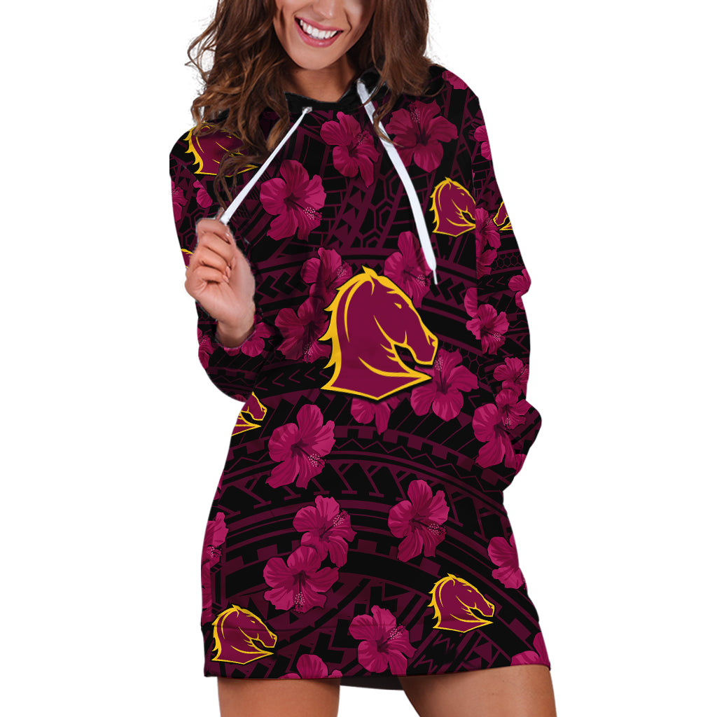 (Custom Text And Number) Broncos Rugby Hoodie Dress Polynesian Style With Hibiscus - Vibe Hoodie Shop