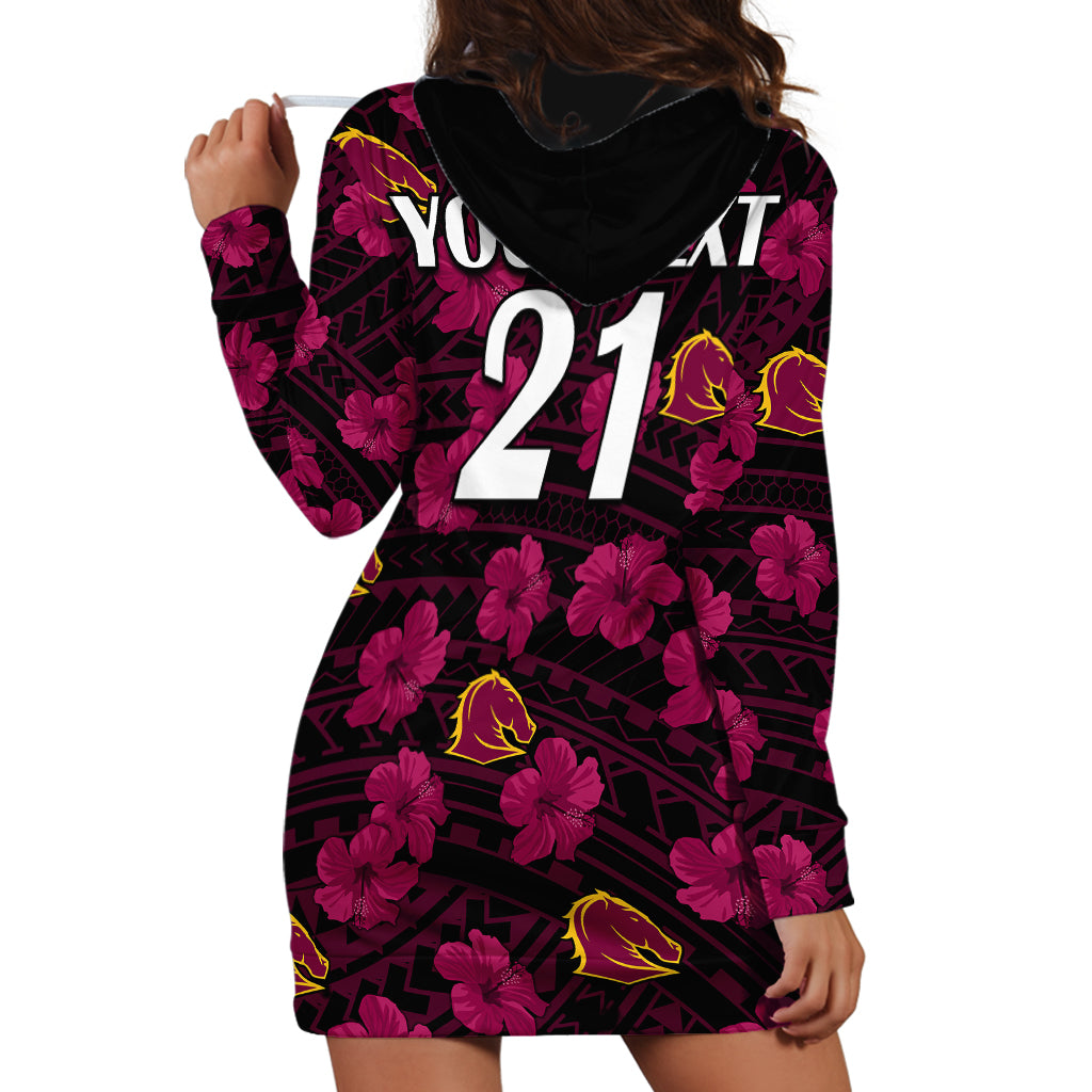 (Custom Text And Number) Broncos Rugby Hoodie Dress Polynesian Style With Hibiscus - Vibe Hoodie Shop