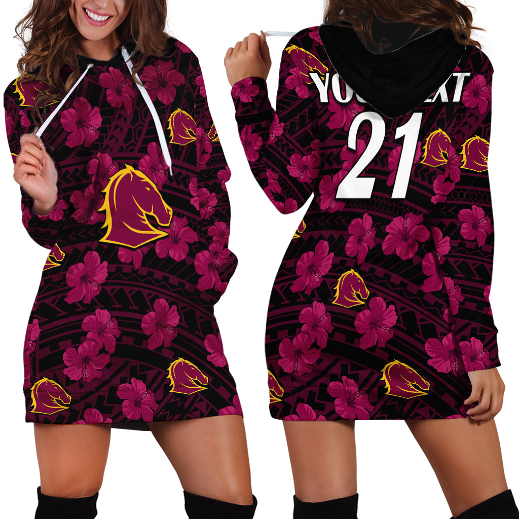 (Custom Text And Number) Broncos Rugby Hoodie Dress Polynesian Style With Hibiscus - Vibe Hoodie Shop