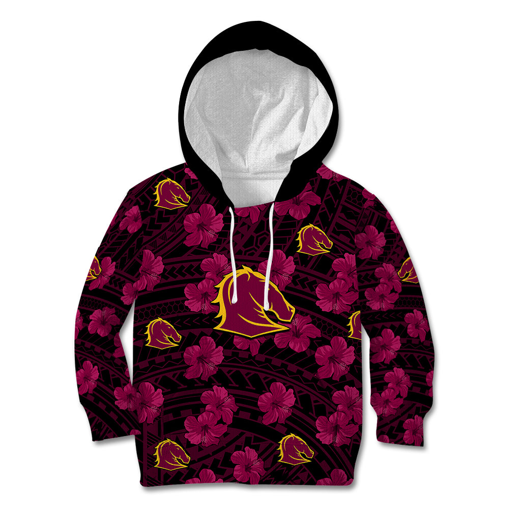 (Custom Text And Number) Broncos Rugby Kid Hoodie Polynesian Style With Hibiscus - Vibe Hoodie Shop