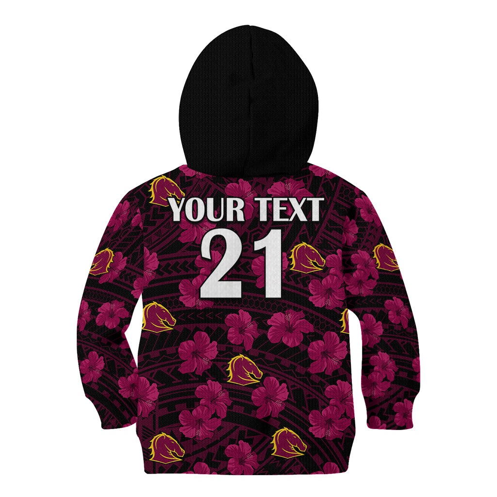 (Custom Text And Number) Broncos Rugby Kid Hoodie Polynesian Style With Hibiscus - Vibe Hoodie Shop