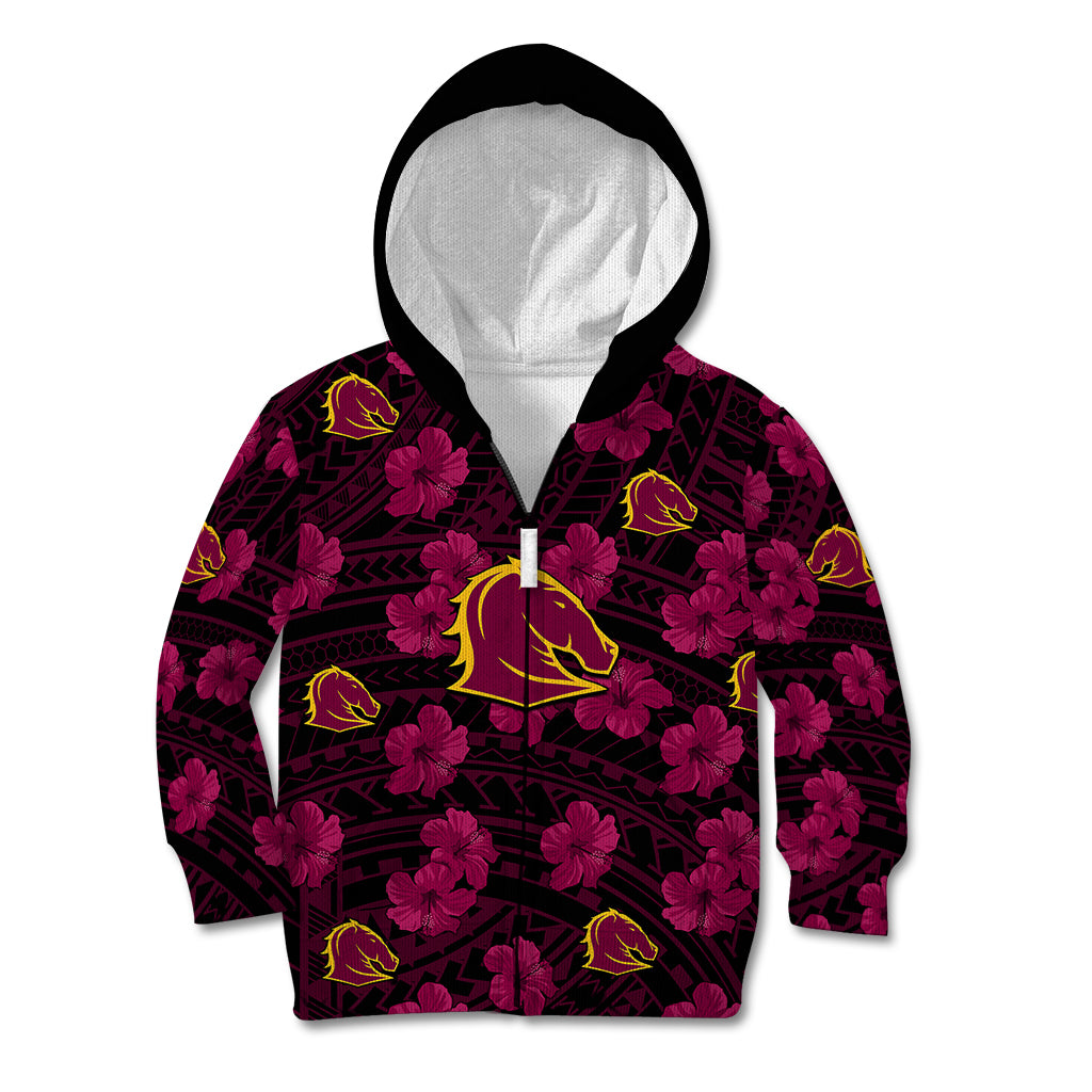 (Custom Text And Number) Broncos Rugby Kid Hoodie Polynesian Style With Hibiscus - Vibe Hoodie Shop