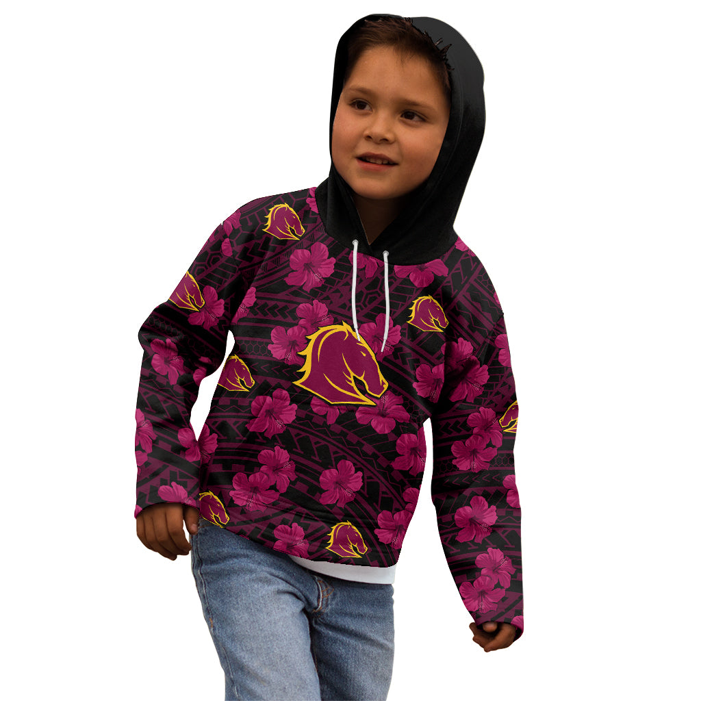 (Custom Text And Number) Broncos Rugby Kid Hoodie Polynesian Style With Hibiscus - Vibe Hoodie Shop