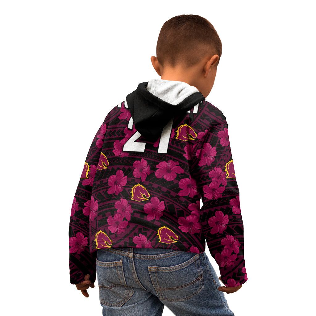 (Custom Text And Number) Broncos Rugby Kid Hoodie Polynesian Style With Hibiscus - Vibe Hoodie Shop